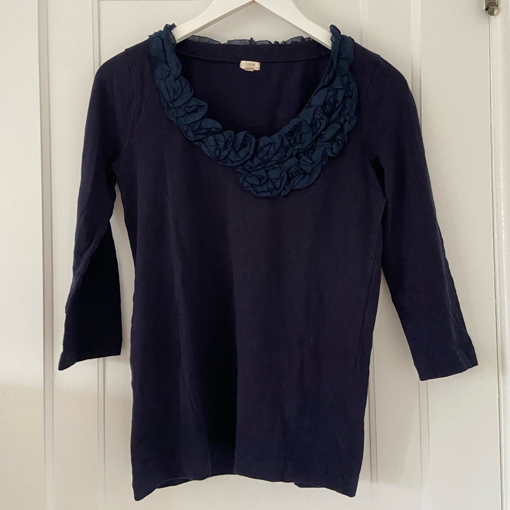 J. Crew 3/4 sleeve navy cotton top with floral decoration, size medium
